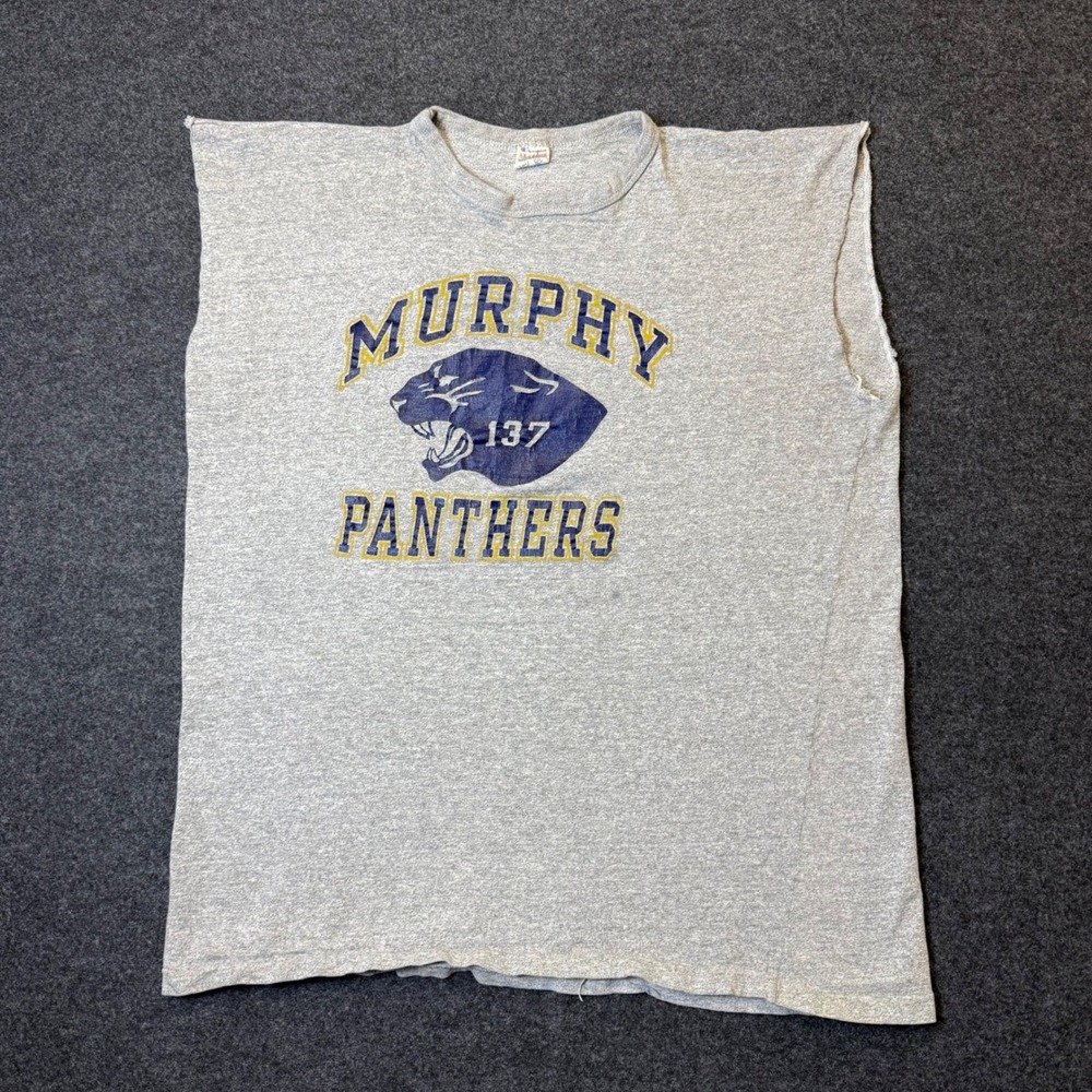 Vintage Champion Muscle Tee Mens XXL Gray Murphy Panthers made in USA Shirt
